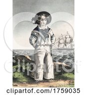 Poster, Art Print Of Boy Dressed In A Sailor Outfit With A View Of A Ship