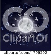 Poster, Art Print Of Horoscope Symbols And Constellations Around The Moon