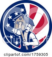 Retro Male Mover Or Builder Holding A House And Level In An American Flag Circle