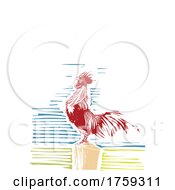 Woodcut Rooster Crowing On A Post