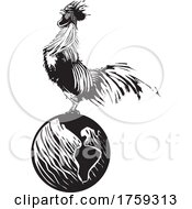 Woodcut Rooster Crowing On The Globe