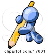 Blue Man Using All Of His Strength To Hold Up And Write With A Giant Yellow Number Two Pencil