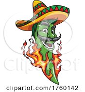 Poster, Art Print Of Flaming Green Jalapeno Pepper Wearing A Sombrero