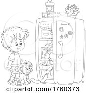 Poster, Art Print Of Black And White Puppy And Boy Looking In A Refrigerator