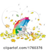 Poster, Art Print Of Puppy Dog With An Umbrella And Fall Leaves