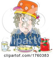 Cartoon Man With Noodles And A Pot On His Head