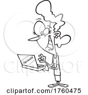 Black And White Cartoon Excited Chocolate Lover Woman Holding A Box