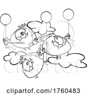 Black And White Cartoon Flock Of Fat Birds With Balloons