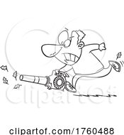 Black And White Cartoon Man Using A Powerful Leaf Blower by toonaday