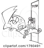 Black And White Cartoon Man Pulling On A Door That Says Push