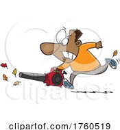 Cartoon Man Using A Powerful Leaf Blower