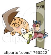 Cartoon Man Pulling On A Door That Says Push