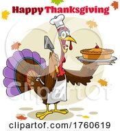 Cartoon Turkey Bird Holding A Pie With Happy Thanksgiving Text