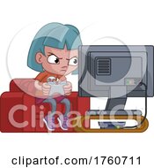 Kid Girl Gamer Playing Video Games Console Cartoon by AtStockIllustration