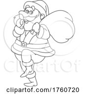 Black And White Cartoon Sneaky Santa Gesturing To Be Quiet