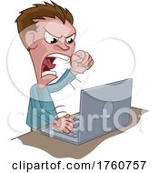 Poster, Art Print Of Angry Stressed Man Shouting At Laptop Cartoon
