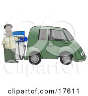 A Hispanic Or Black Businessman Standing At A Gas Pump While Anxiously Fueling His Tank And Spending Money He Doesnt Want To To Fill Up His Green Car Which Resembles A Minivan