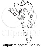 Poster, Art Print Of Jalapeno Chili Pepper Wearing A Cowboy Hat And Waving Hello Vintage Tattoo Black And White Drawing