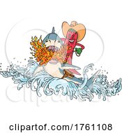 Poster, Art Print Of Cowboy Hot Chili Pepper Riding A Shark Breathing Fire Jumping Up With Waves Vintage Tattoo Style