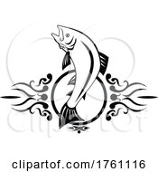 Poster, Art Print Of Lake Trout Jumping Up Tribal Tattoo Retro Style Black And White