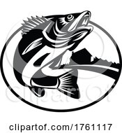 Walleye Fish Jumping Up With Lake Cabin Oval Retro Black And White