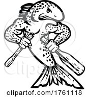 Poster, Art Print Of Brown Trout Salmo Trutta Or Salmon Breaking An Oar Or Paddle Cartoon Mascot Black And White