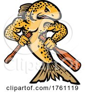 Brown Trout Salmo Trutta Or Salmon Breaking An Oar Or Paddle Cartoon Mascot Color