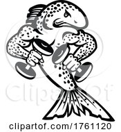 Poster, Art Print Of Muscular Brown Trout Or Salmon Breaking Lifting Dumbbell Weights Cartoon Mascot Black And White