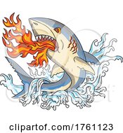 Poster, Art Print Of Great White Shark Breathing Fire Jumping Up With Waves Vintage Tattoo Style