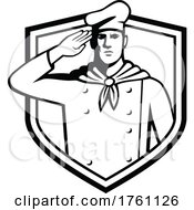 Poster, Art Print Of Military Chef Cook Saluting Front View Set Inside Crest Retro Black And White Style