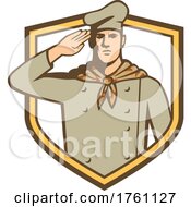 Poster, Art Print Of Military Chef Cook Wearing Camouflage Uniform Saluting Set Inside Shield Retro Style Color
