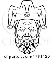 Poster, Art Print Of Head Of Cross Eyed Old Court Jester Or Fool With Beard Mono Line Illustration Black And White