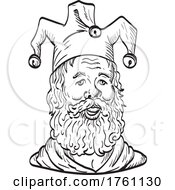 Old Court Jester Or Fool Wearing Hat And Beard Viewed From Front Tattoo Drawing Black And White by patrimonio
