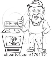Poster, Art Print Of Oven Cleaner With Oven Thumbs Up Cartoon Black And White Mascot