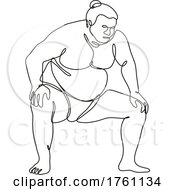 Sumo Wrestler Or Rikishi Fighting Stance Side View Continuous Line Drawing