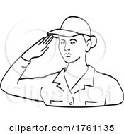 Poster, Art Print Of American Female Veteran Soldier Or Military Personnel Saluting Line Art Drawing Black And White