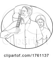 Musician Or Guitarist With Guitar On Shoulder And Sad Woman Line Drawing