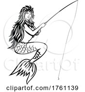 Mermaid Or Siren With Fishing Rod And Reel Fly Fishing Mascot Black And White Retro