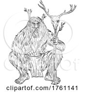 Poster, Art Print Of Basajaun Or Lord Of The Woods In Basque Mythology Squatting With Staff Of Deer Skull Drawing