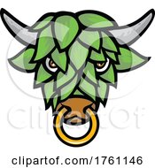 Poster, Art Print Of Green Short Horned Bull Head With Beer Hop Face Front View Mascot Color Retro