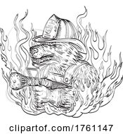 Dog Or Wolf Fireman Aiming Fire Hose Wearing Firefighter Helmet With Smoke And Fire Tattoo Drawing Black And White