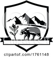 Poster, Art Print Of American Black Bear Walking With Sage Herb Plant And Mountains Set Inside Crest Shield Retro Black And White