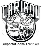 Caribou Or Reindeer Skull Skeleton Roaring With Airplane And Lake Set Circle Retro Style Black And White