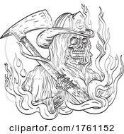 Poster, Art Print Of Grim Reaper Wearing A Fireman Firefighter Helmet Hat With Fire Axe Smoke And Fire Tattoo Drawing Black And White