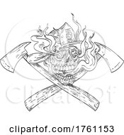 Poster, Art Print Of American Fireman Skull Wearing Firefighter Helmet Hat With Crossed Fire Axe Smoke And Fire Tattoo Drawing Black And White