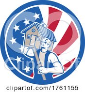 Poster, Art Print Of American Builder Carrying House With Spirit Level And Usa Flag Circle Icon