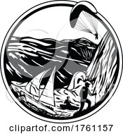 Norwegian Fjord Adventure Tourism With Sailing Paragliding Kayaking And Hiking Outdoors Retro Woodcut Style Black And White