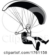 Poster, Art Print Of Pilot Flying Paraglider Paragliding Mascot Black And White Retro