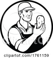 Poster, Art Print Of Organic Farmer Or Potato Grower Holding Up Potato Set Inside Circle Mascot Black And White Retro Style