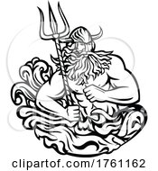 Poster, Art Print Of Aegir Hler Or Gymir God Of Sea In Norse Mythology With Trident And Waves Mascot Black And White Retro